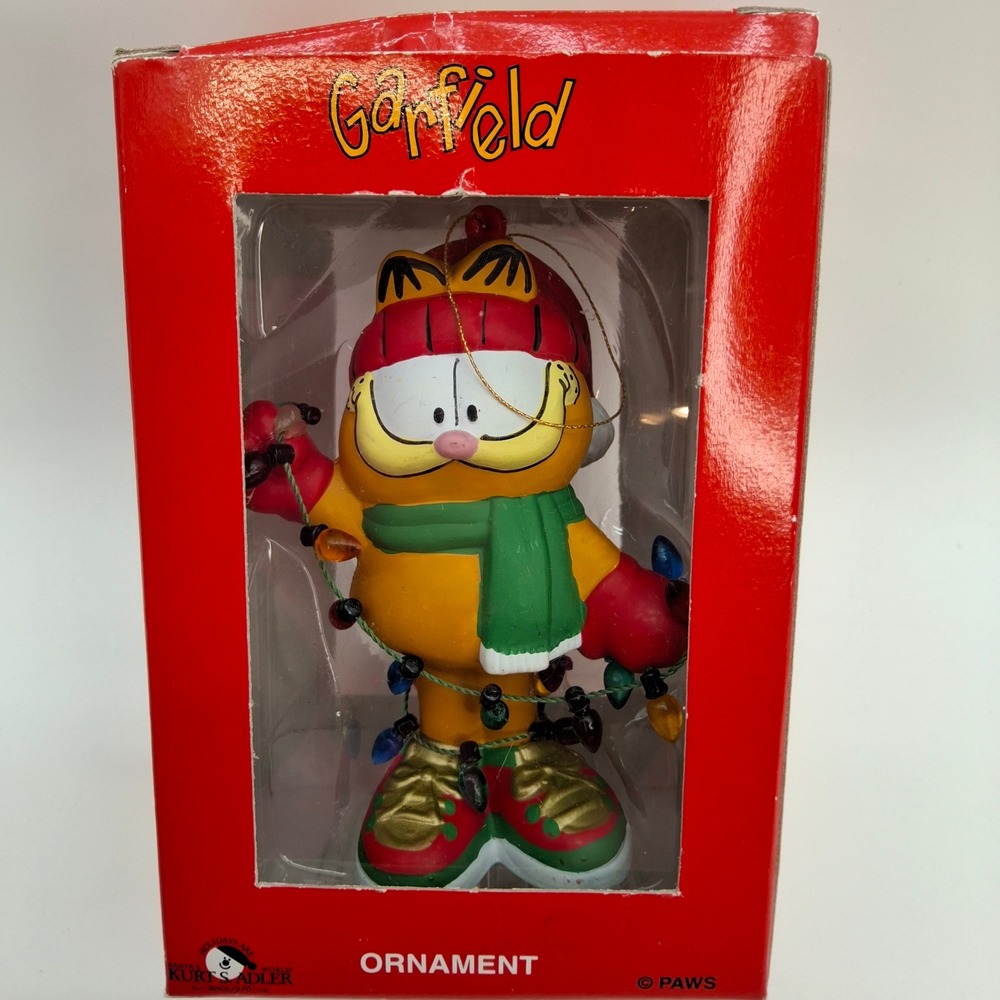 1996 Garfield Christmas Tree Ornament Kurt Adler PAWS Tangled in Holiday Lights